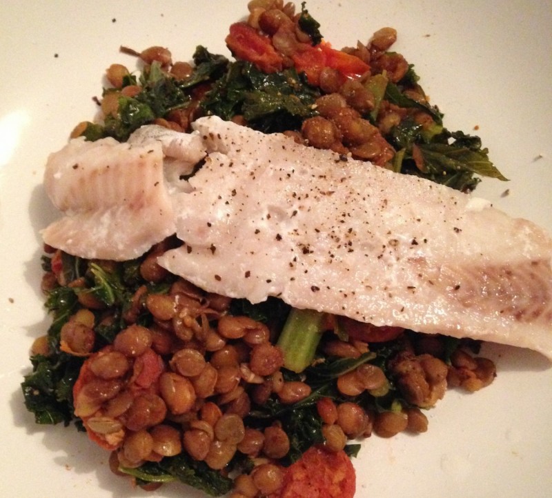 White fish with lentils, chorizo, kale and spinach