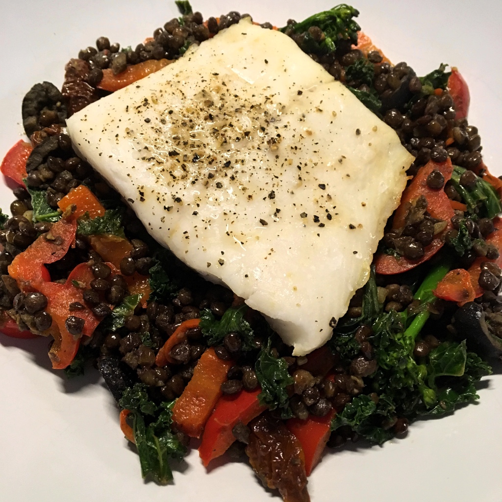 Hake with Puy Lentils, Sundried Tomatoes and Black Olives